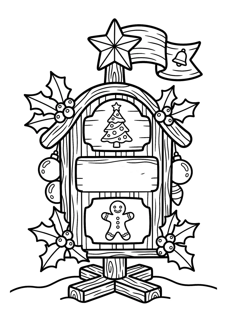 Coloriage d'une boîte aux lettres en bois du Père Noël avec étoile, banderole, houx, boules et un panneau central vierge à personnaliser