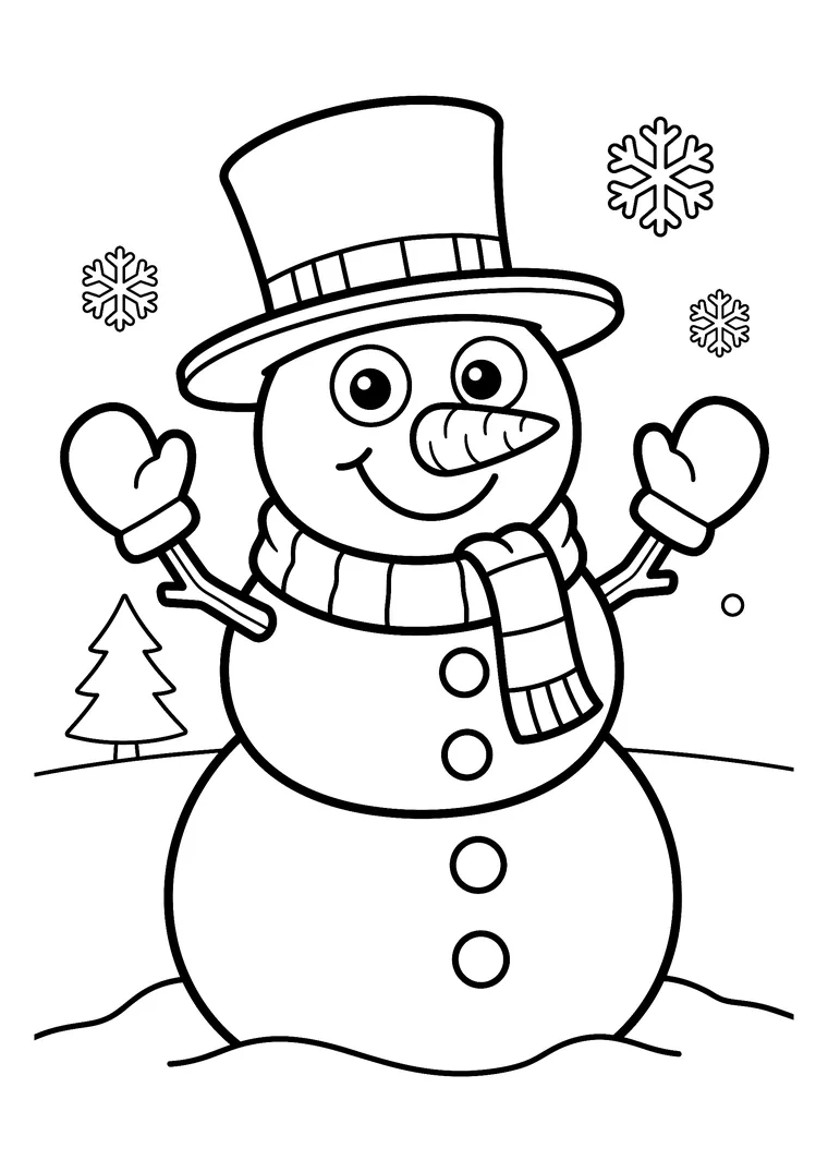 Coloriage d'un bonhomme de neige souriant avec chapeau haut-de-forme, écharpe rayée, moufles et nez en carotte