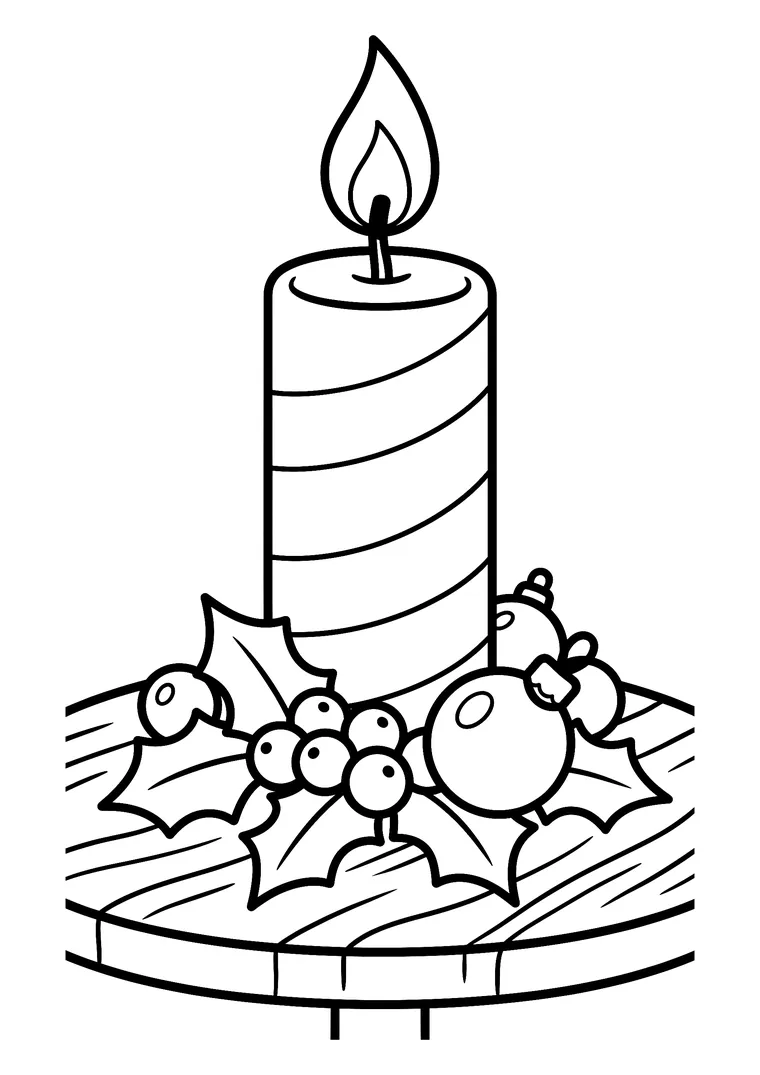 Coloriage d'une grosse bougie de Noël allumée posée sur un plateau en bois, entourée de houx, de baies et de boules de Noël