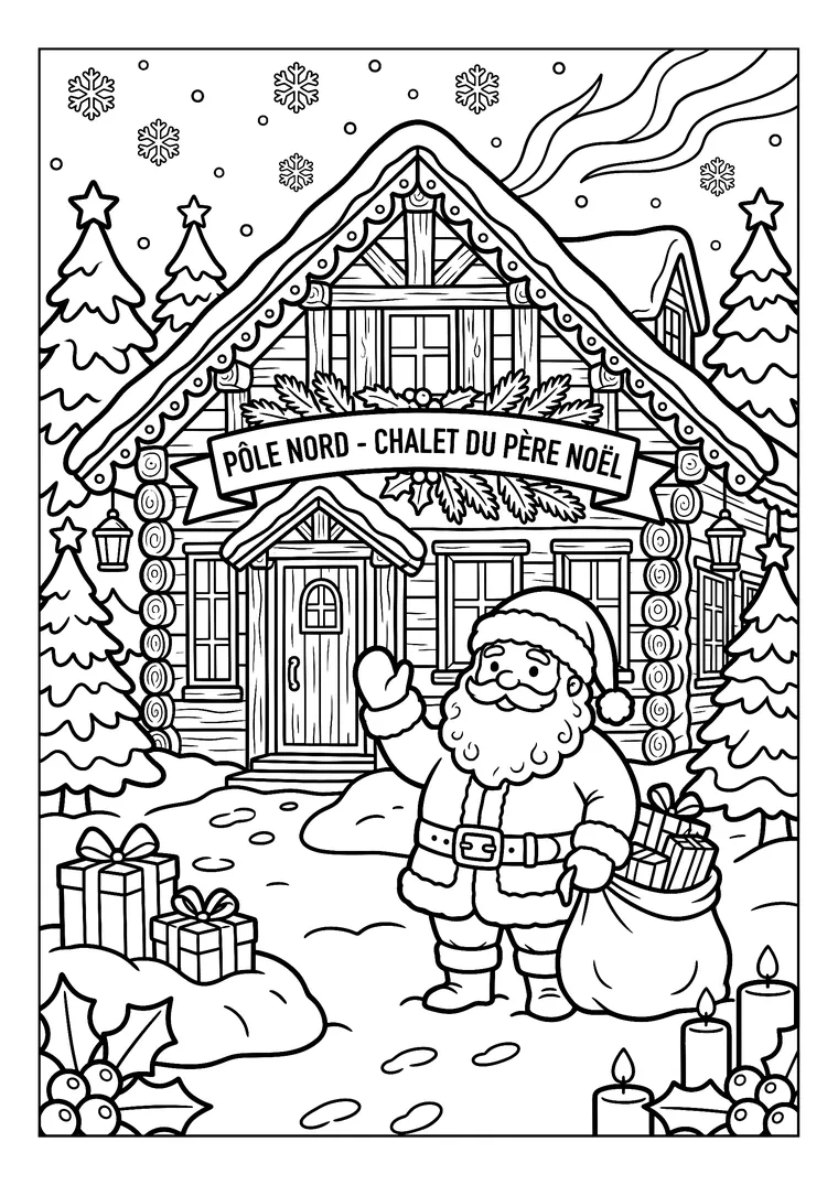 Coloriage du chalet du Père Noël au pôle Nord, avec son enseigne, ses fenêtres illuminées, des sapins enneigés et des cadeaux