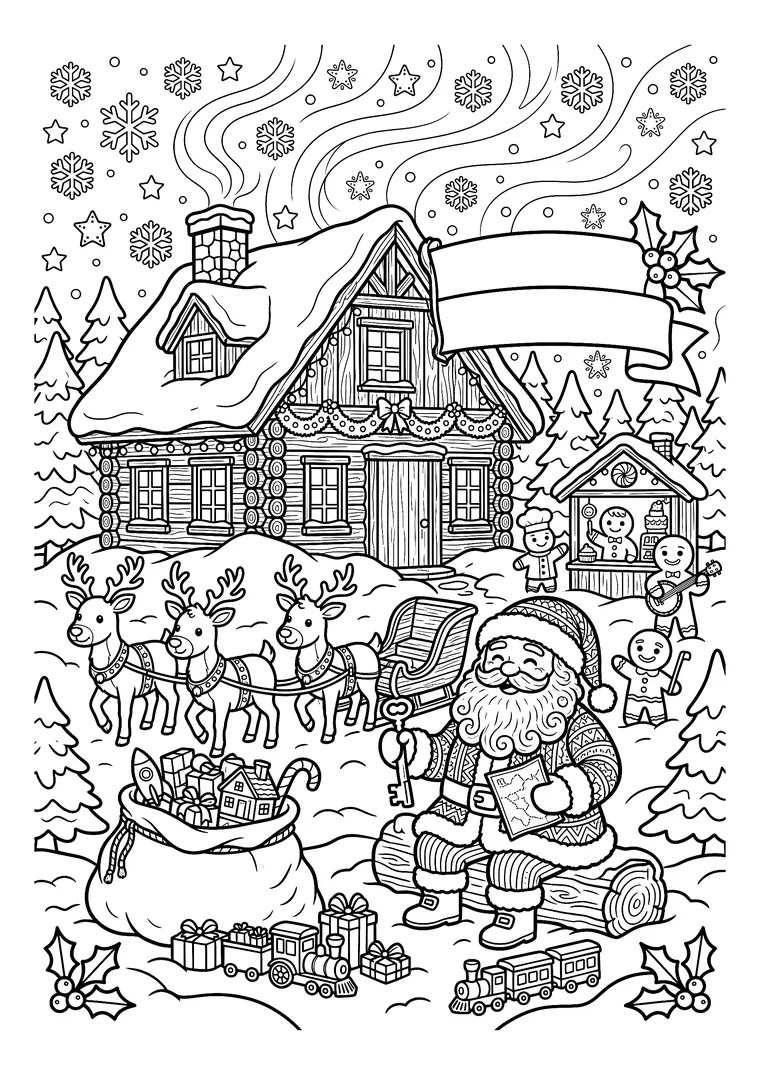 Coloriage détaillé du chalet du Père Noël avec son traîneau attelé à trois rennes, sa hotte de jouets, des lutins en pain d'épices et une banderole vierge