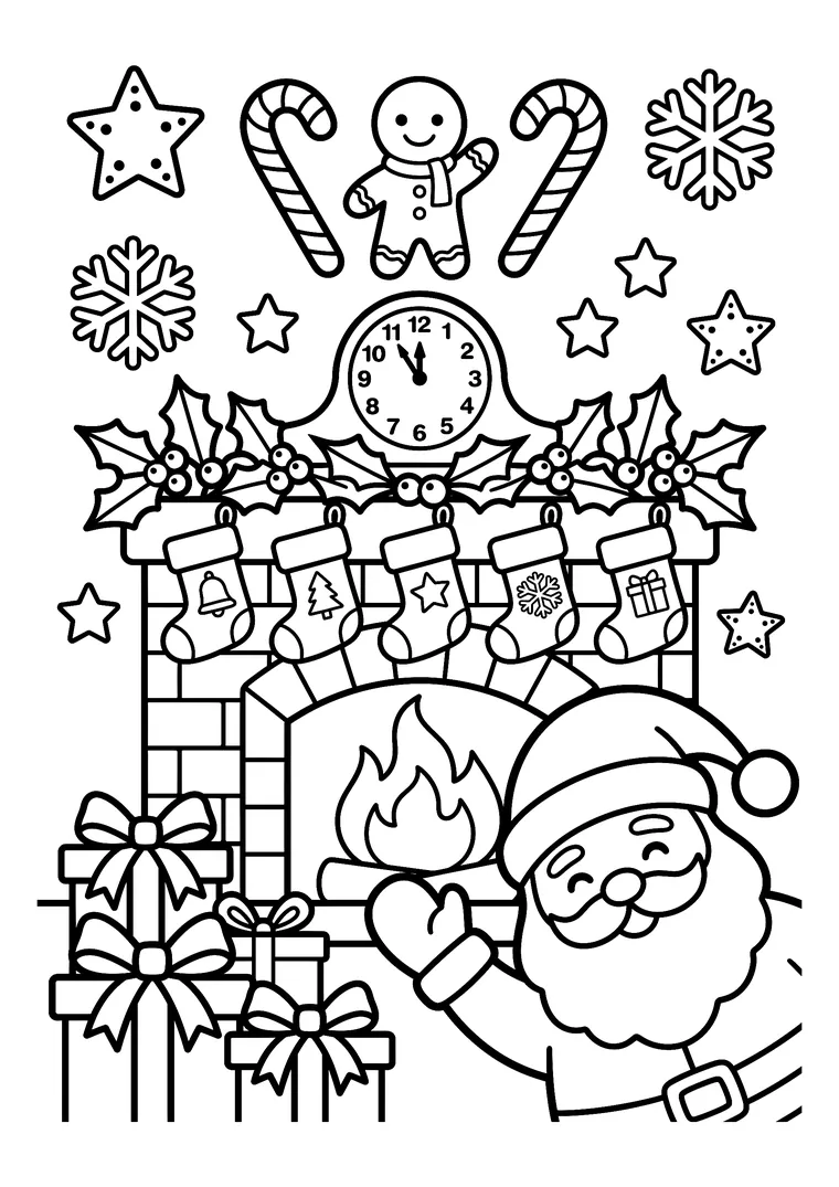 Coloriage d'une cheminée de Noël avec cinq chaussettes suspendues, une horloge à minuit, du houx, des cadeaux et le Père Noël qui salue