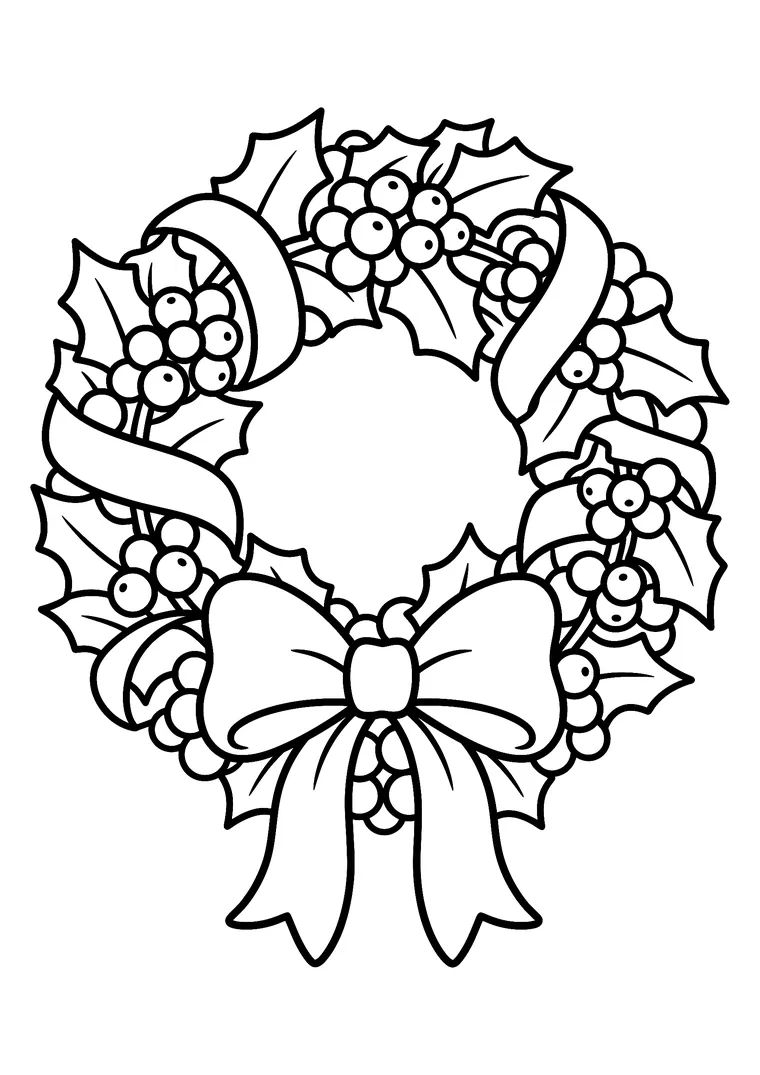 Coloriage d'une couronne de Noël en houx avec baies, ruban et un gros nœud