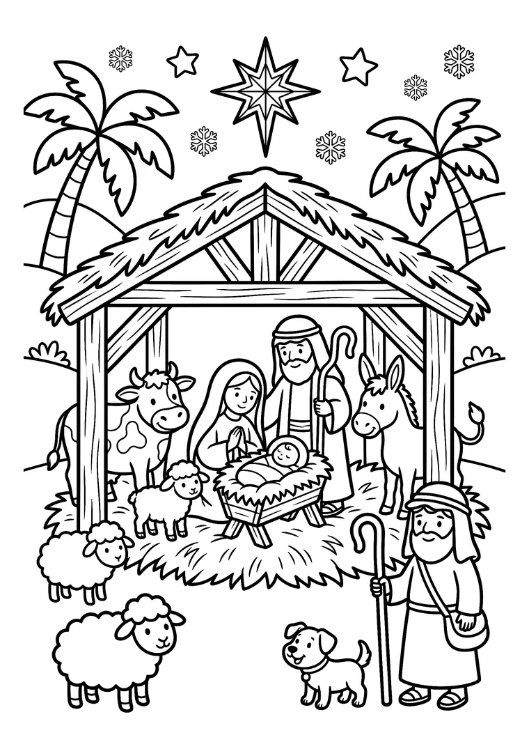 Coloriage d'une crèche de Noël : Marie, Joseph, l'Enfant Jésus dans sa mangeoire, le bœuf, l'âne, les moutons, un berger et l'étoile