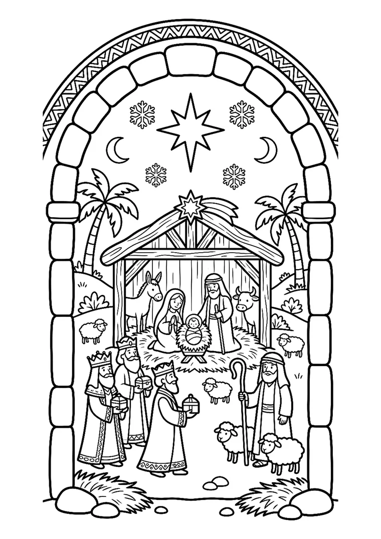 Coloriage de la crèche de Noël vue à travers une arche de pierre, avec les trois Rois mages apportant leurs présents, les bergers, les moutons et l'étoile