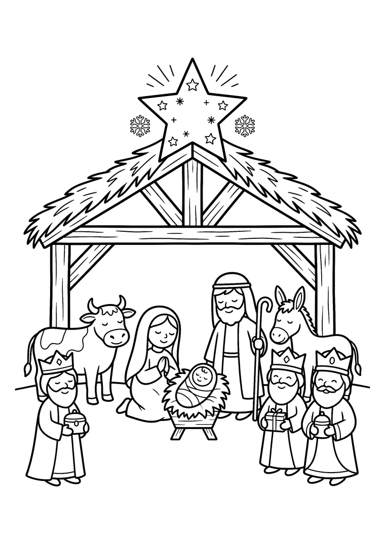 Coloriage de la crèche sous l'étable : Marie, Joseph, l'Enfant Jésus dans la mangeoire, le bœuf, l'âne et les trois Rois mages sous une grande étoile
