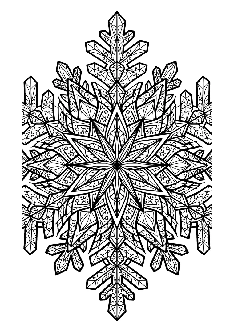 Coloriage d'un grand flocon de neige très détaillé, aux branches remplies de cristaux, d'étoiles et d'arabesques fines