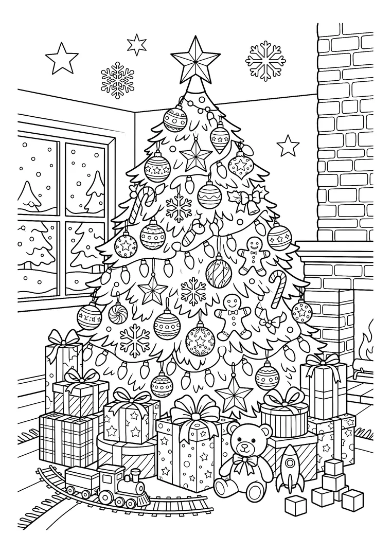 Coloriage d'un grand sapin de Noël très décoré (boules, étoiles, flocons, guirlandes) avec une montagne de cadeaux, un train en bois et un ours en peluche