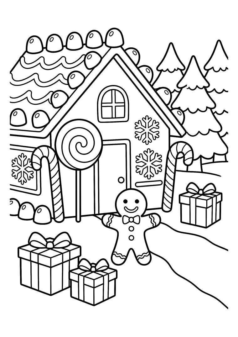 Coloriage d'une maison en pain d'épices décorée de bonbons et de sucres d'orge, avec un bonhomme en pain d'épices devant et des cadeaux