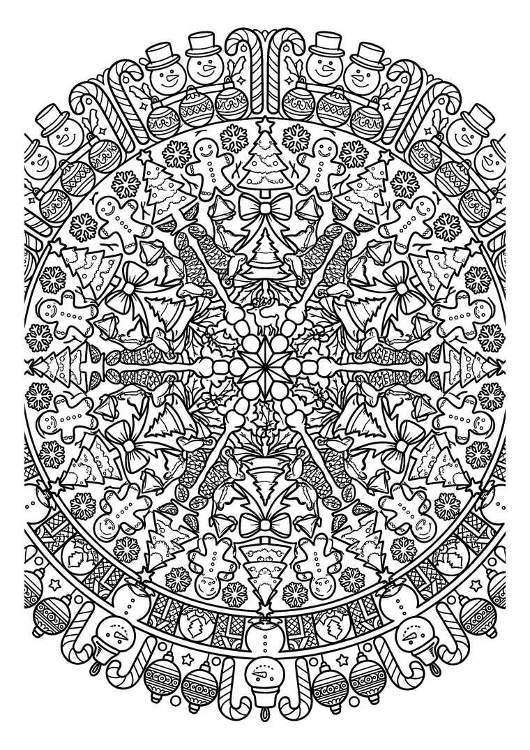 Coloriage d'un mandala de Noël très détaillé composé de bonshommes de neige, boules, sucres d'orge, sapins, nœuds, flocons et bonshommes en pain d'épices en cercles concentriques