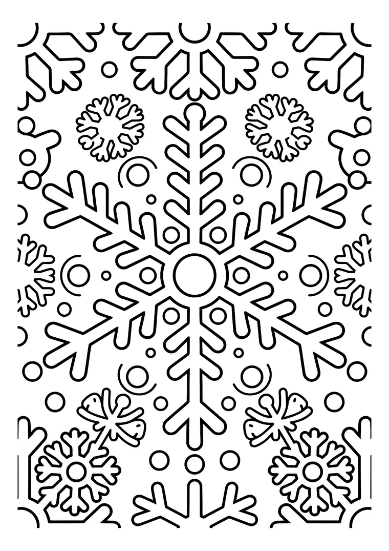 Coloriage motif de flocons de neige façon mandala, avec un grand flocon central et des flocons plus petits sur toute la page