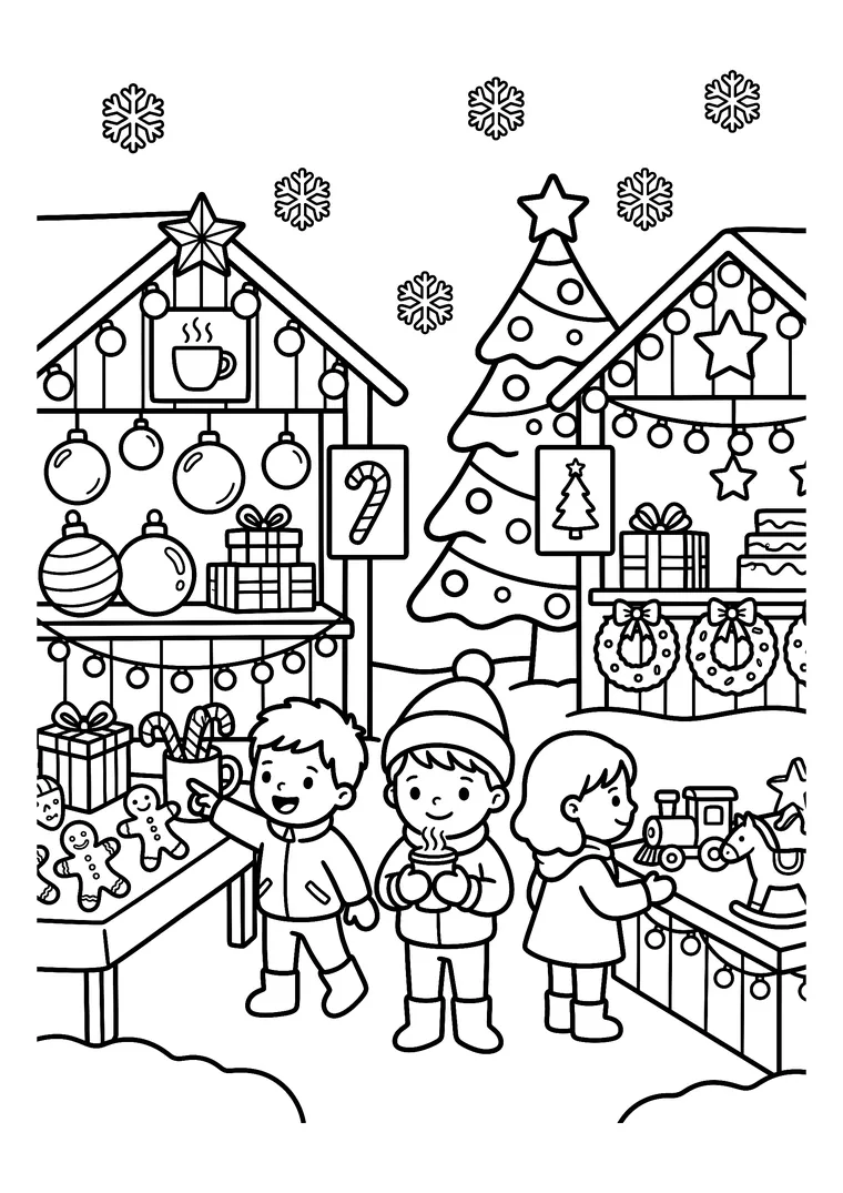 Coloriage d'un marché de Noël avec deux chalets décorés, un stand de pains d'épices, un stand de jouets, un grand sapin et trois enfants