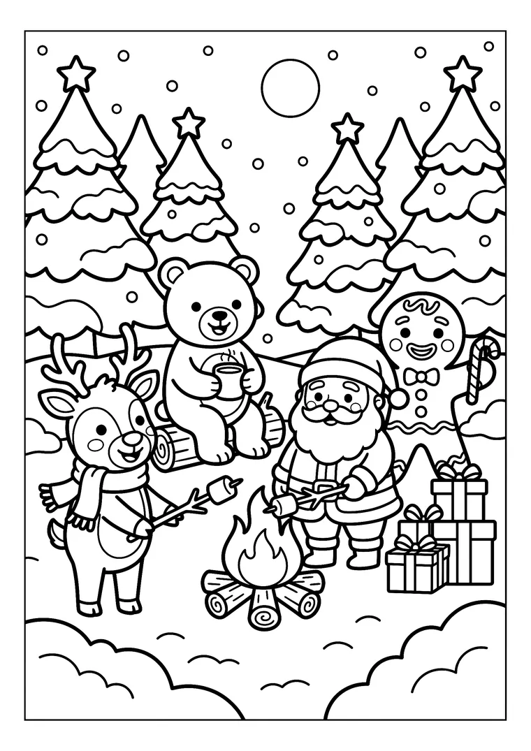 Coloriage d'un feu de camp dans une forêt enneigée avec le Père Noël, un renne, un ours polaire et un bonhomme en pain d'épices qui grillent des guimauves