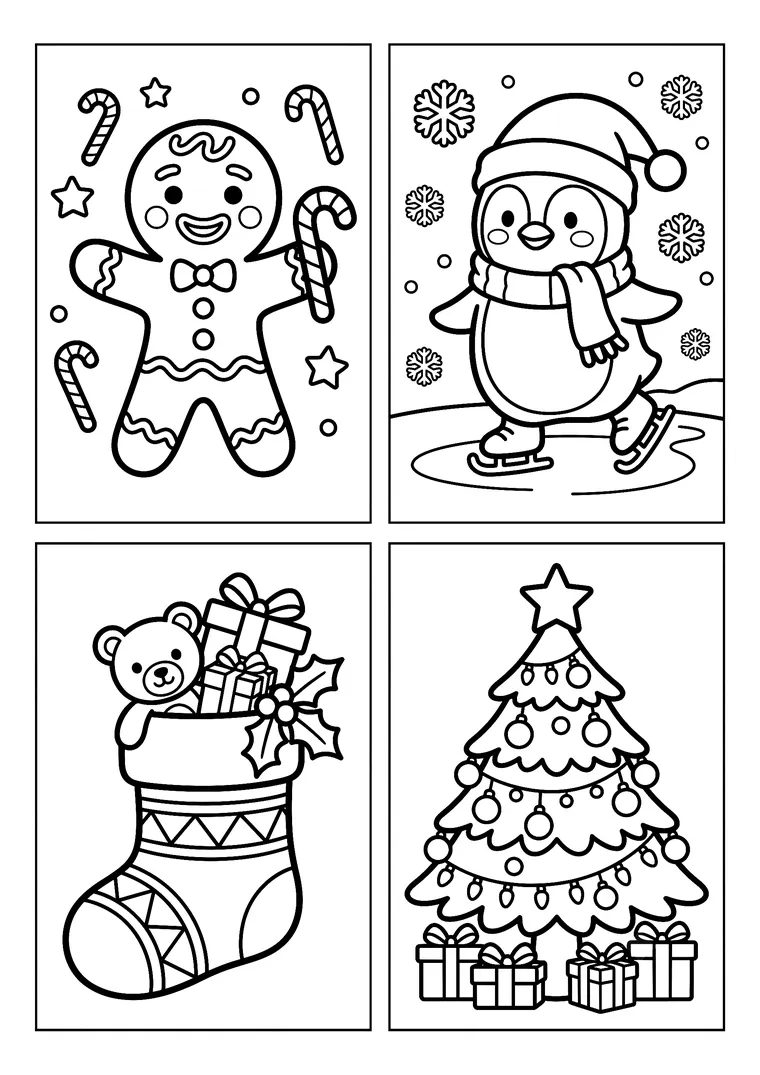 Planche de quatre mini-coloriages de Noël : bonhomme en pain d'épices, pingouin patineur, chaussette de Noël et sapin