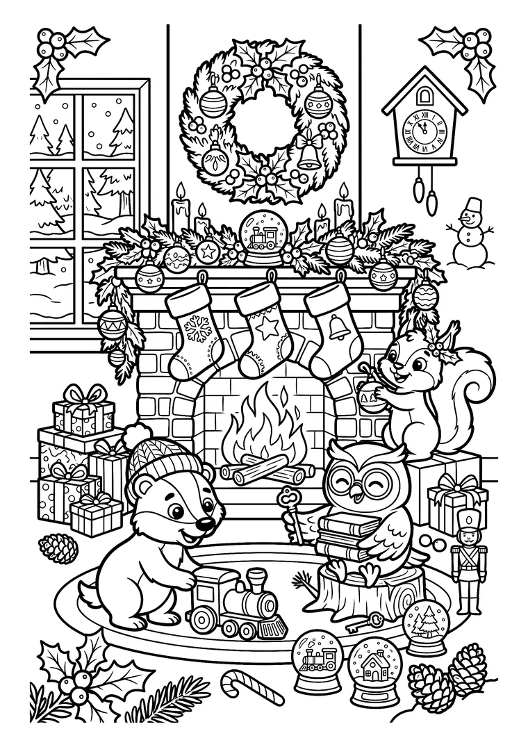 Coloriage détaillé d'un salon de Noël : cheminée allumée, chaussettes, couronne, horloge coucou, ourson, écureuil et hibou au milieu des cadeaux