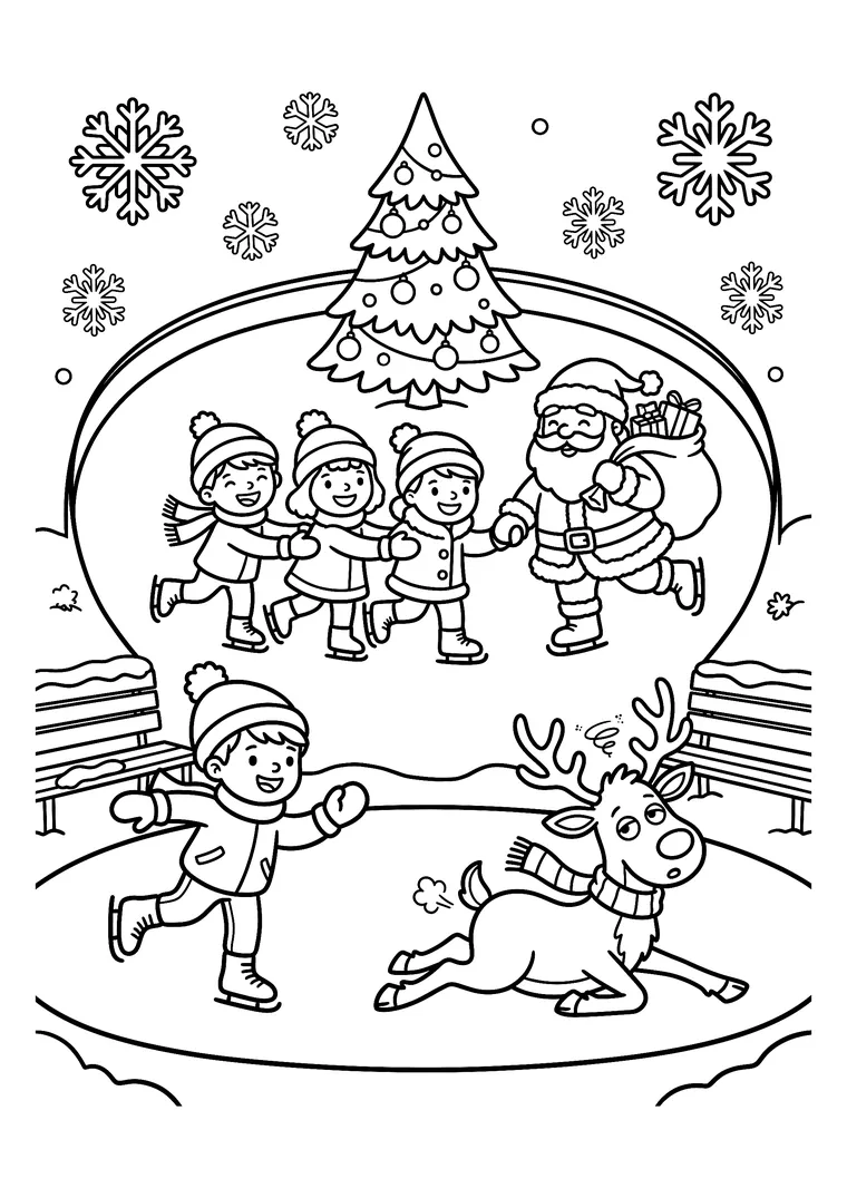 Coloriage d'une patinoire de Noël où trois enfants patinent main dans la main avec le Père Noël, près d'un renne à l'écharpe et d'un grand sapin décoré