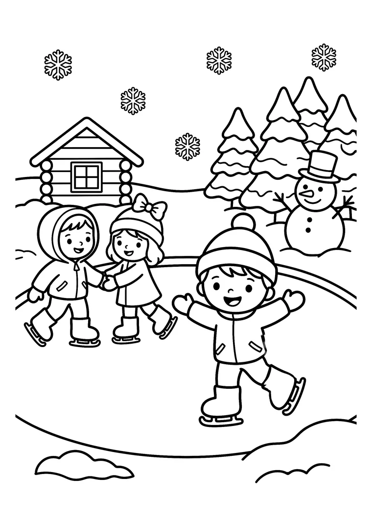 Coloriage d'enfants qui patinent sur un lac gelé devant un chalet en rondins, des sapins enneigés et un bonhomme de neige