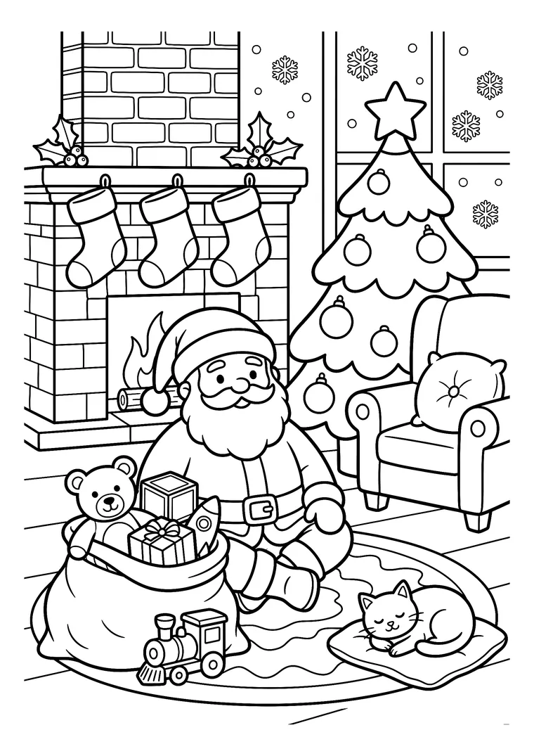 Coloriage du Père Noël assis au pied du sapin avec sa hotte de jouets, la cheminée et ses chaussettes, un fauteuil et un chat endormi sur un coussin