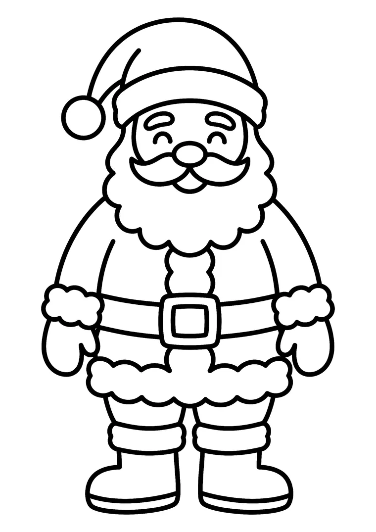 Coloriage d'un Père Noël debout qui sourit, avec son bonnet à pompon, sa ceinture à boucle et ses grosses bottes