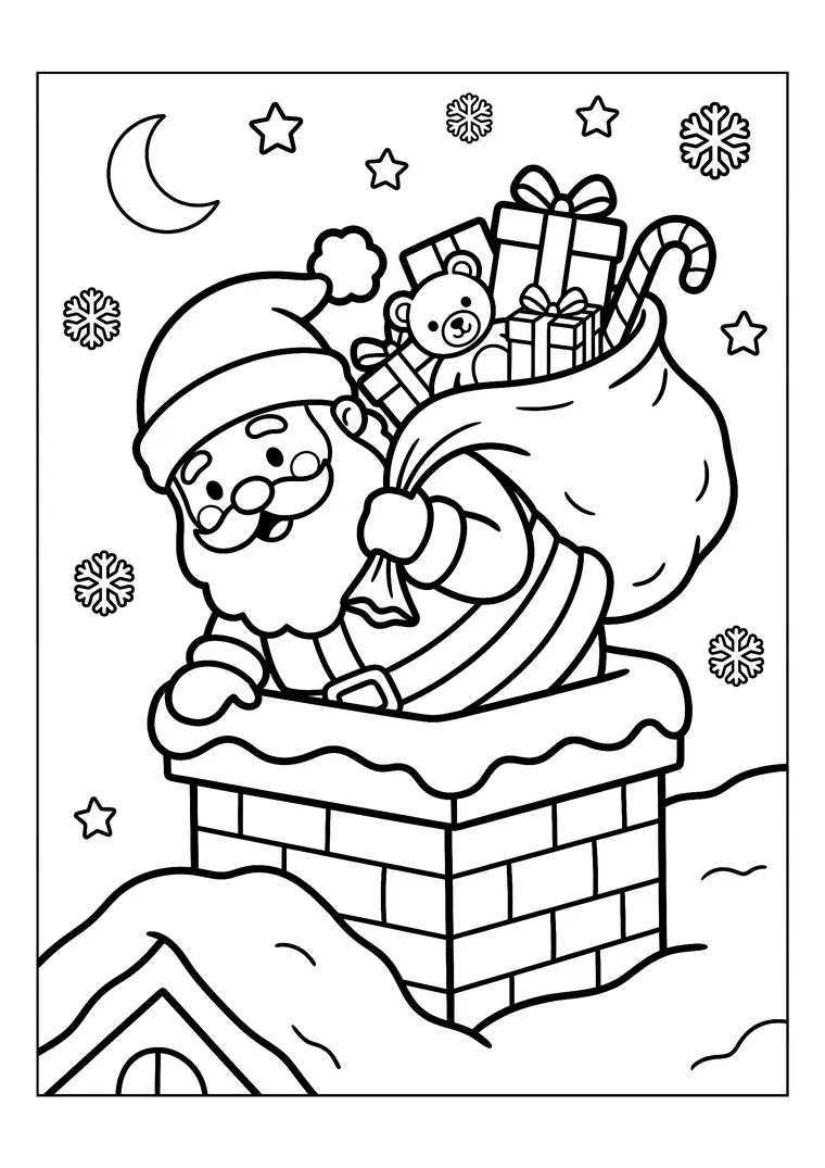 Coloriage du Père Noël qui descend dans une cheminée avec sa hotte remplie de cadeaux, sous la lune et les flocons