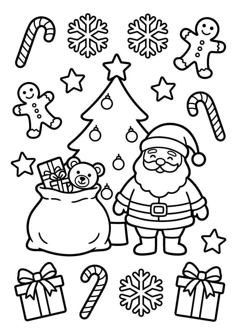 Coloriage du Père Noël avec sa hotte devant un sapin, entouré de flocons, étoiles, sucres d'orge et bonshommes en pain d'épices