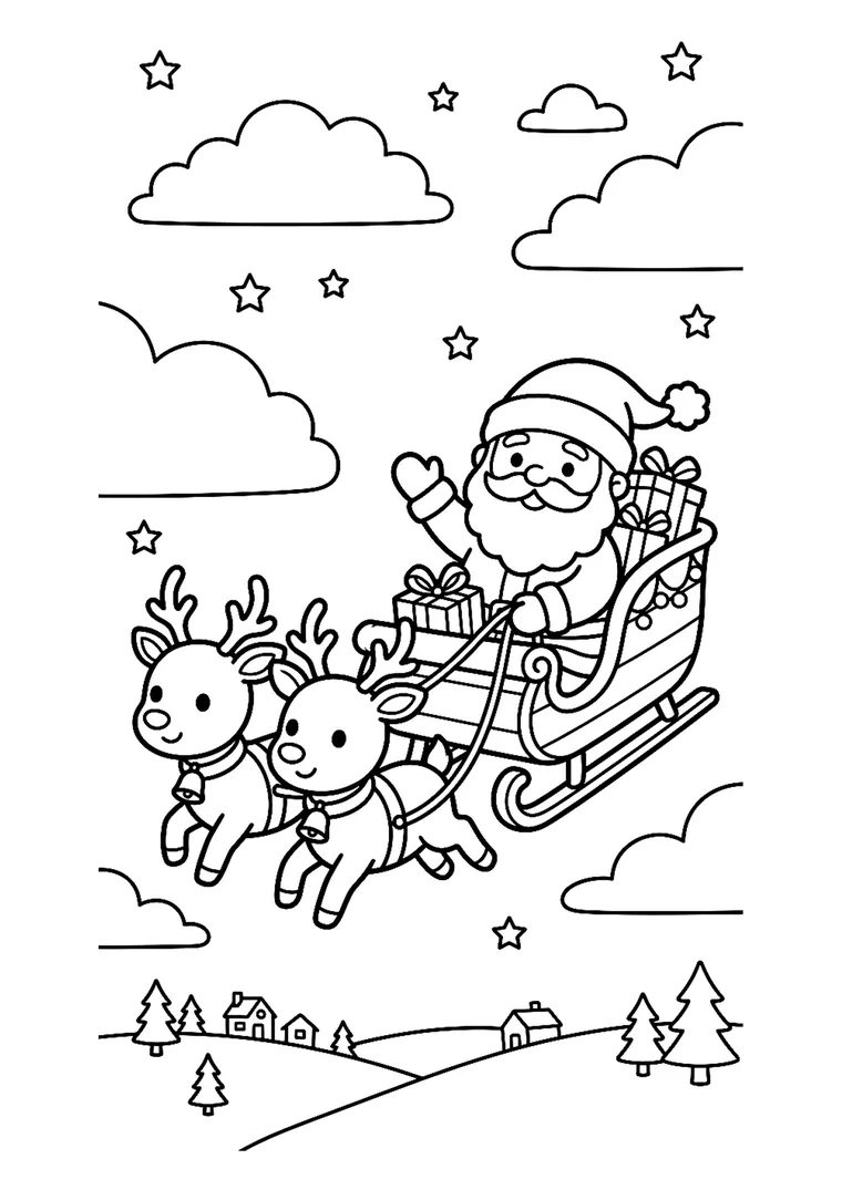 Coloriage du Père Noël qui salue depuis son traîneau chargé de cadeaux, tiré par deux rennes au-dessus d'un village enneigé