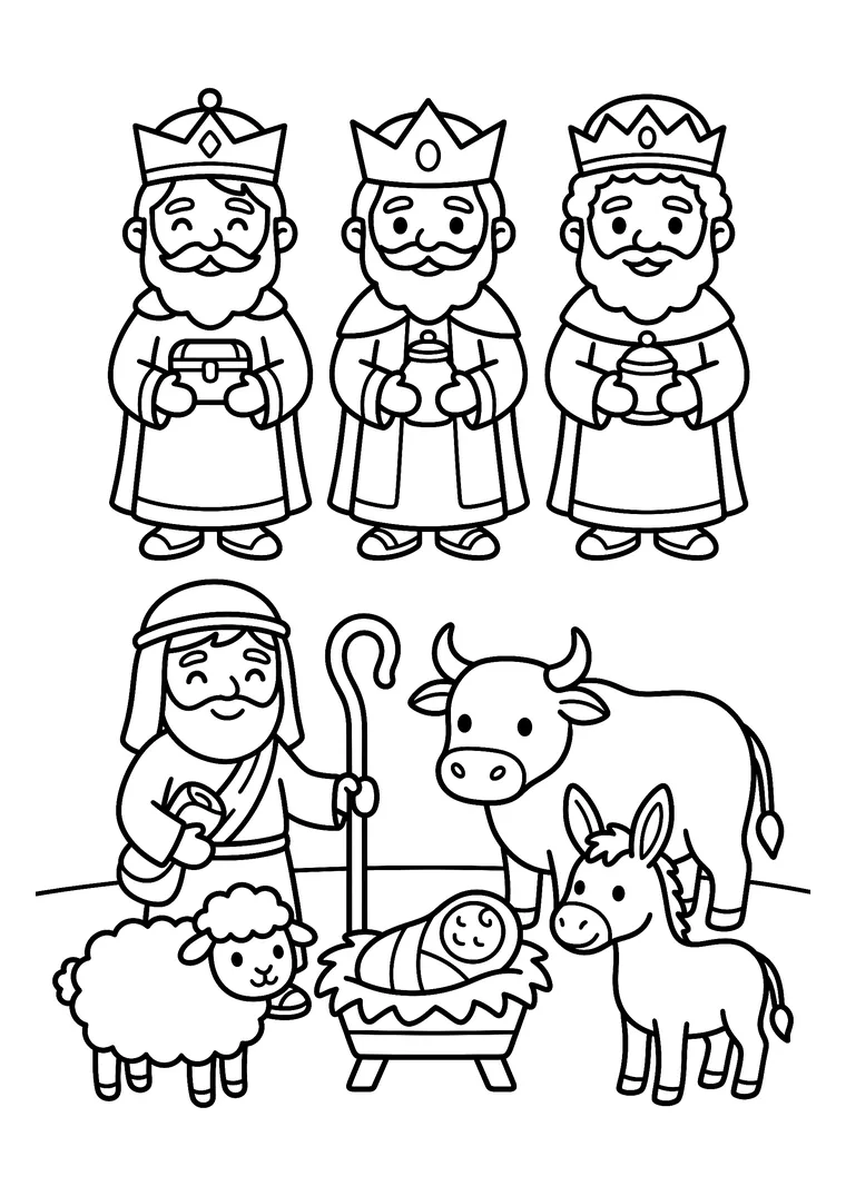 Coloriage des personnages de la crèche : les trois Rois mages avec leurs présents, un berger, le bœuf, l'âne, un mouton et l'Enfant Jésus dans sa mangeoire