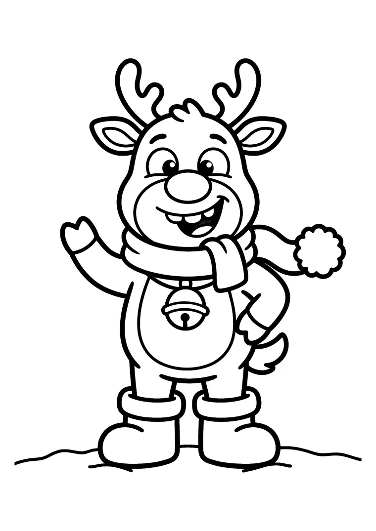 Coloriage d'un renne de Noël souriant avec écharpe, grelot et bottes, debout dans la neige