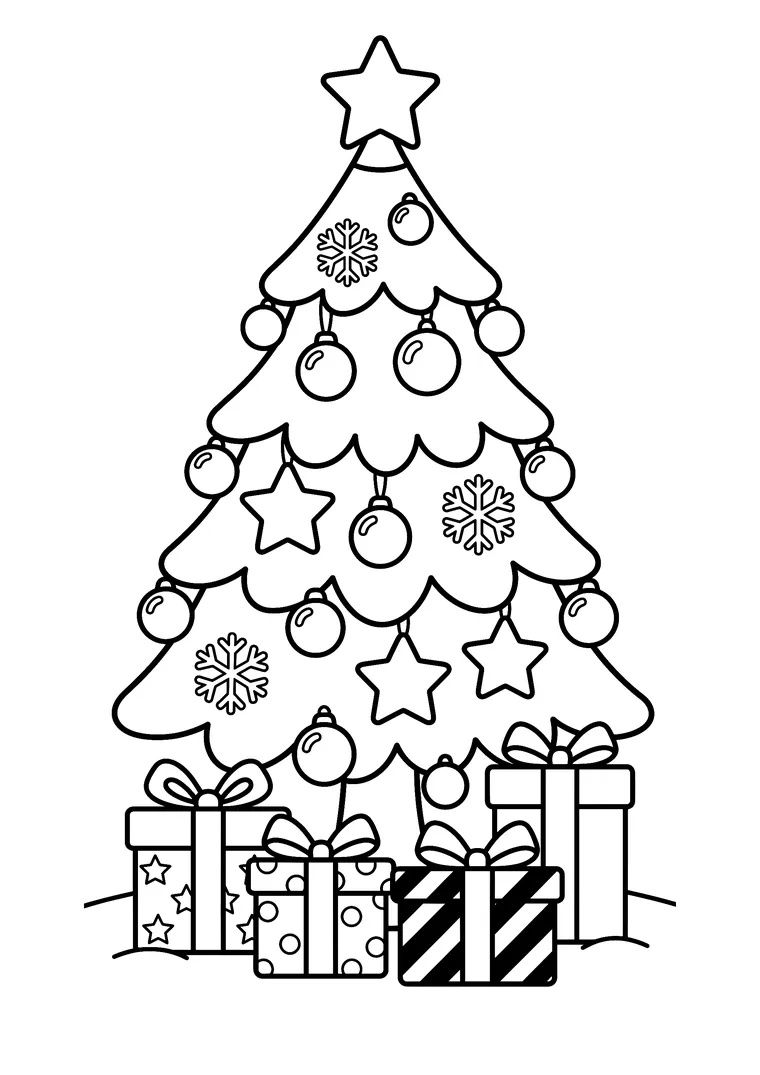 Coloriage d'un sapin de Noël décoré de boules, étoiles et flocons, avec des cadeaux emballés à son pied