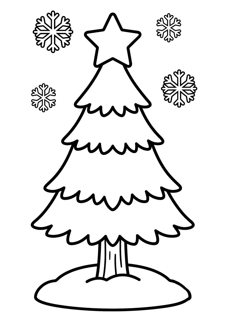 Coloriage d'un sapin de Noël à quatre étages avec une étoile au sommet et quatre gros flocons de neige autour