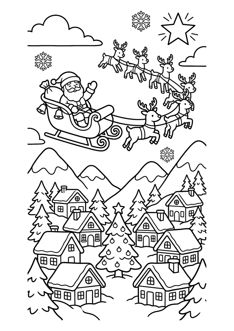Coloriage du Père Noël dans son traîneau tiré par huit rennes au-dessus d'un village de montagne enneigé