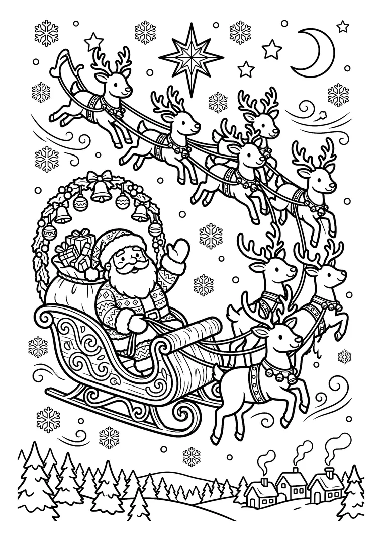 Coloriage détaillé du Père Noël dans son traîneau chargé de cadeaux, tiré par huit rennes dans un ciel étoilé, au-dessus d'un village enneigé